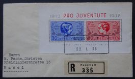 PJ-Block 1937 auf R-Brief mit Aushilfsstempel, Kat. min. 100