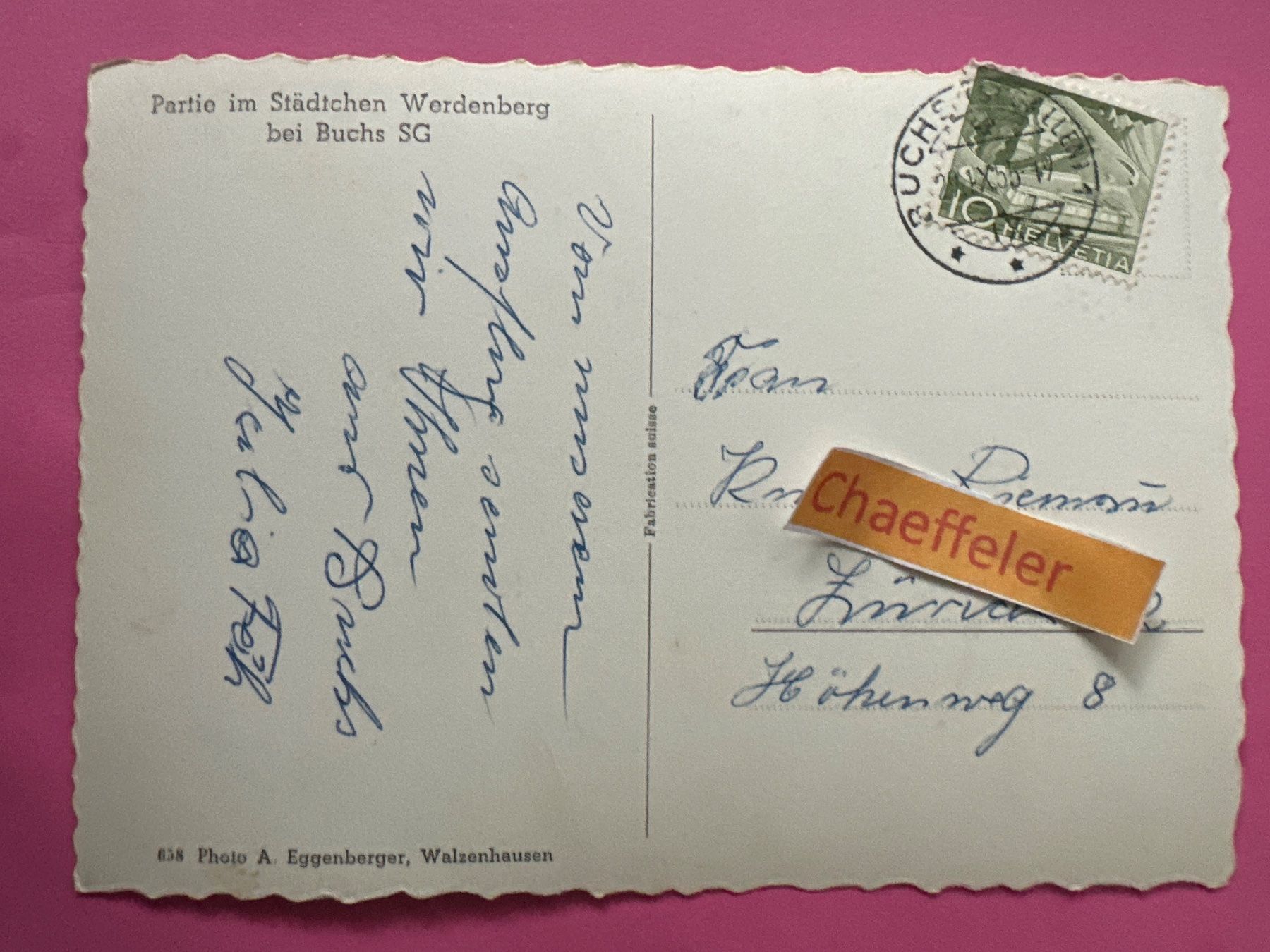 Cartoline postali: 1955 Partie im Städtchen Werdenberg bei Buchs SG – Usato da Zürich venduto da Chaeffeler 1