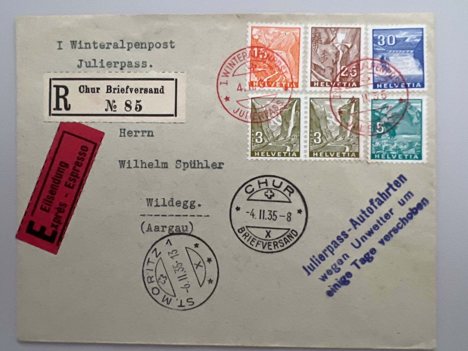 Tutti i francobolli: 1935 Winteralpenpost Julierpost  Landschaftsbilder  Express – Usato da Buchrain venduto da wmm