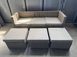 Gartenlounge Zebra Sofa & 3 Hocker Rattan-Optik, Top Zustand