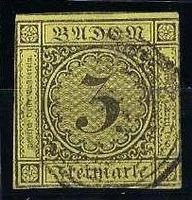 Baden ab. 1851 Schwarz au Gelb 3 Kreuzer gest.