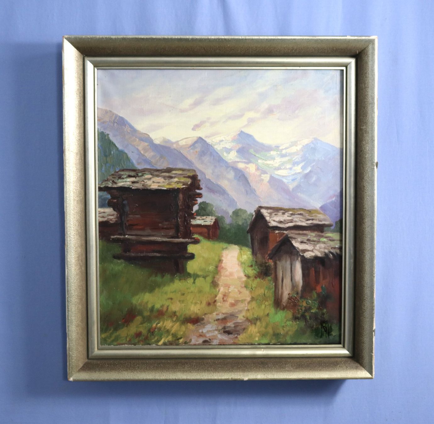 Dipinti: Landschaft mit Walliser Spycher, Gemälde mit Monogramm M R – Usato da Zug venduto da Kunst-Fundgrube 5