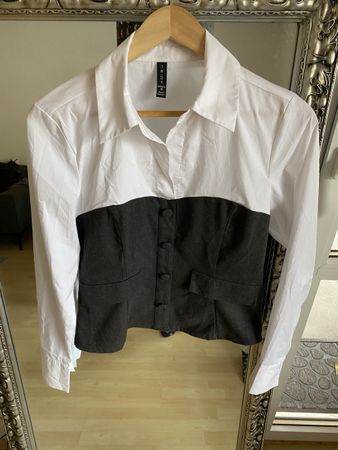 Bluse, Gr. M, Dunkelgrau-weiss, elegant