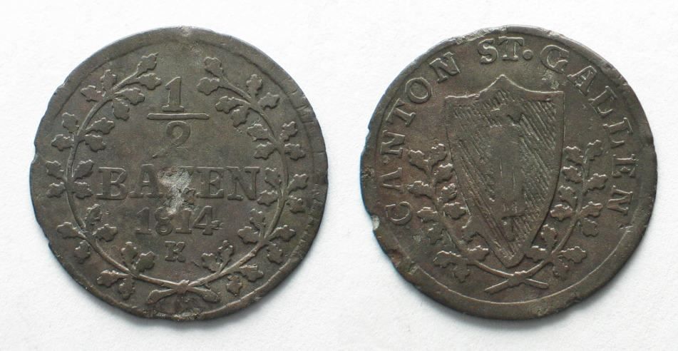 Tutti le monete: ST. GALLEN Kanton Halbbatzen 1814 Billon – Usato da Riehen venduto da sesambestcoins2004