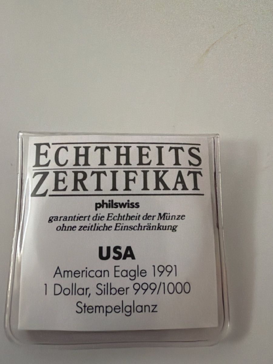 Tutti le monete: Silbermuenze American Eagle 1991 unz Blei – Usato da Reichenburg venduto da Theworld 2