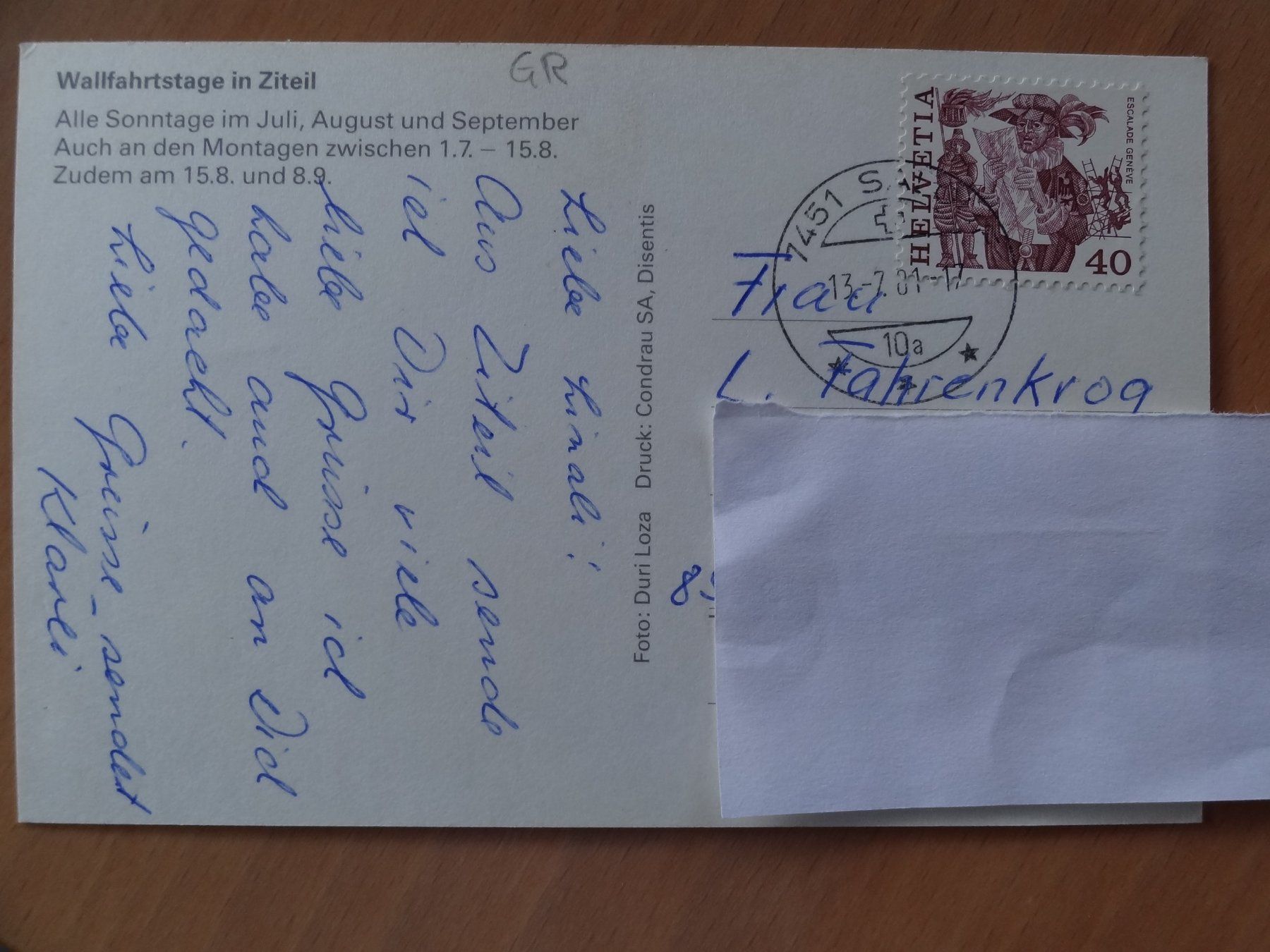 Cartes postales: Ziteil - Wallfahrtstage - GR - 1981 – D'occasion à St Léonard par Riglin 1