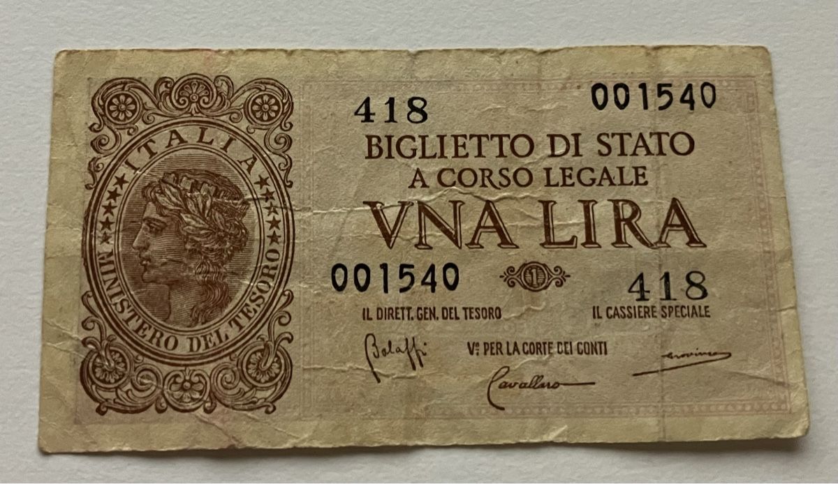 Banknoten: Italien 1 Lira 1944 – Gebraucht aus Algetshausen von Carrhard