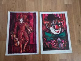 2 Lithos von René Villiger, Zirkus Clown, signiert