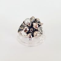 Vintage 925 Silberring mit Blume und Perle, Gr. 16.2 mm