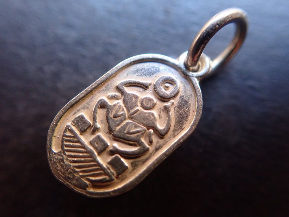 925 Sterling Silber Anhänger – Altägyptischer Skarabäus Mit Göttin & Ankh-Öse, In Samtbeutel