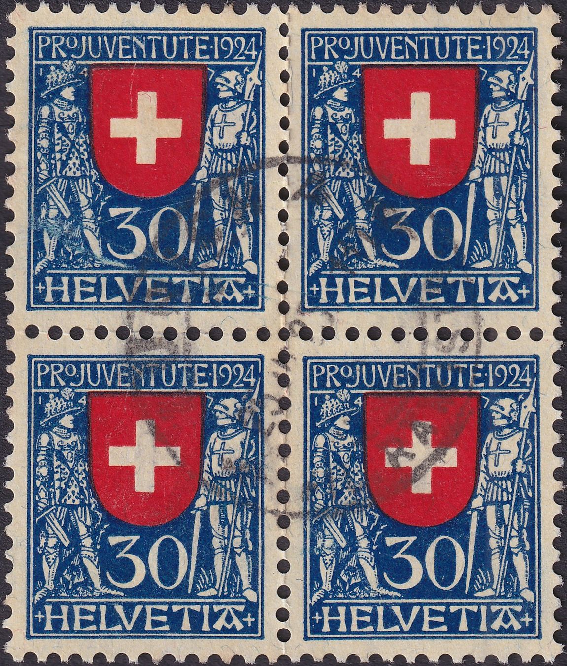 Tutti i francobolli: 1924, J32 im gestempelten Viererblock, Kat: 120.+ – Usato da Sursee venduto da Luzernerraute