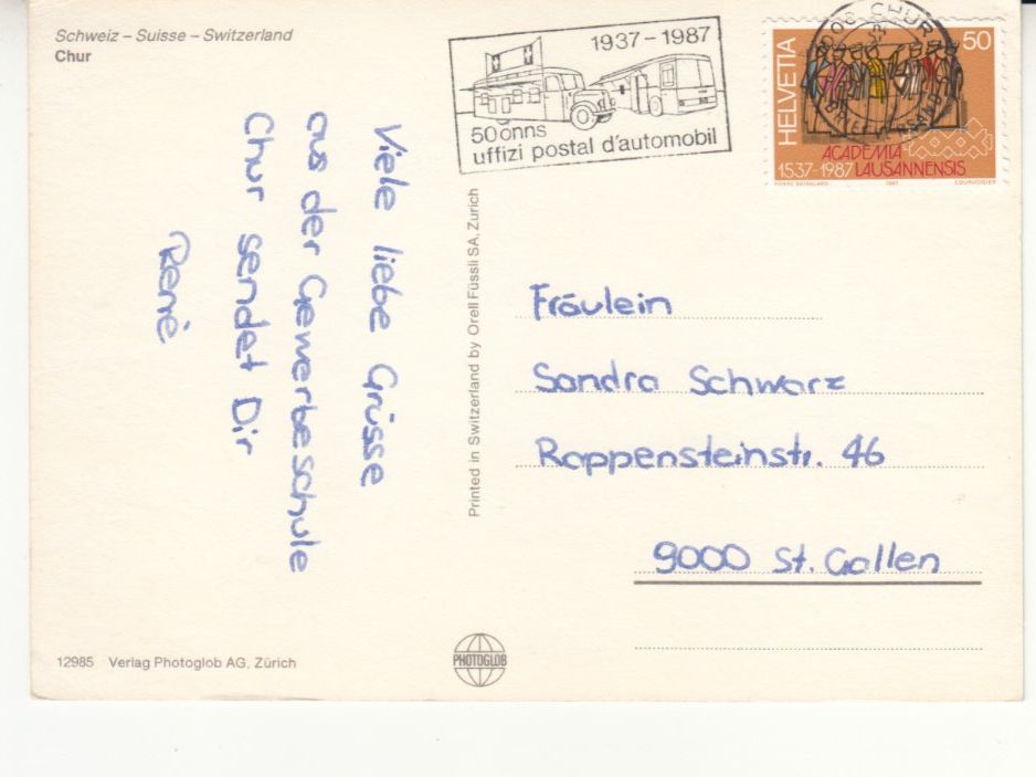 Cartoline postali: Chur 1987 – Usato da Bürglen TG venduto da StampGraf 1