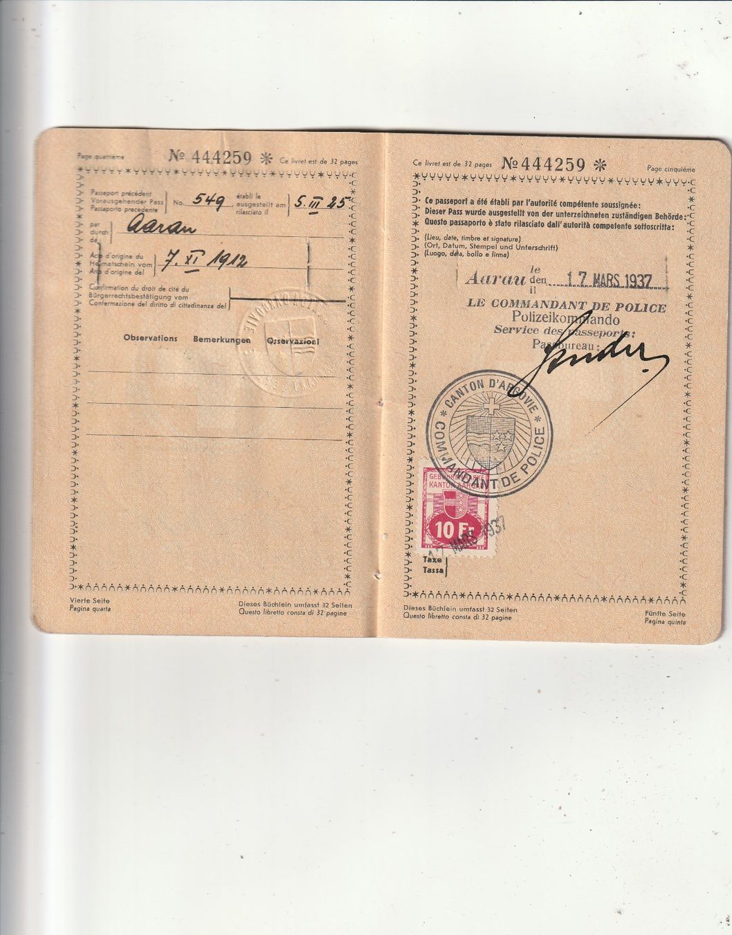 Dokumente: Schweizer Pass 1937 – Gebraucht aus Rorschacherberg von  3