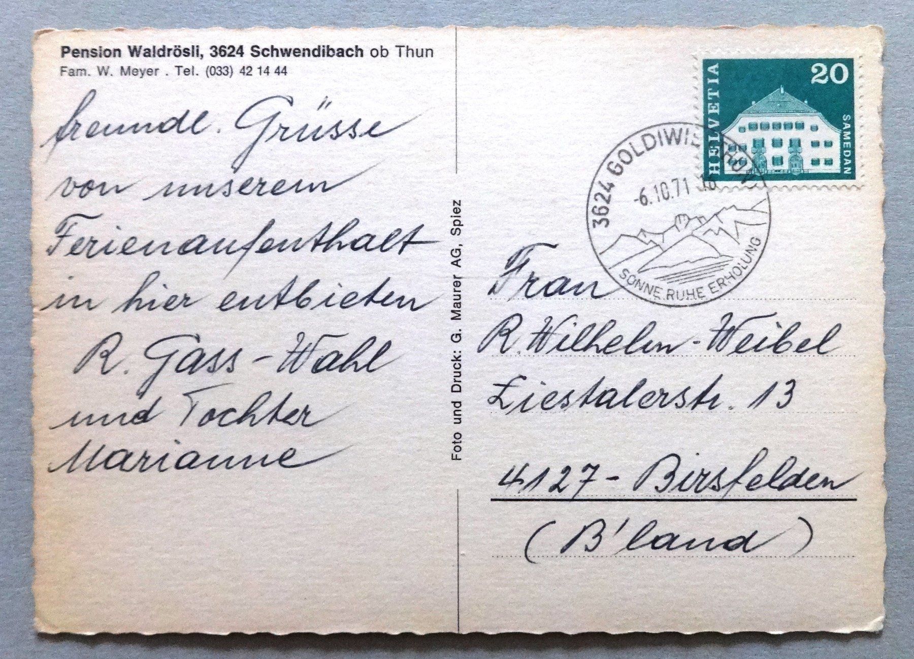 Cartoline postali: Pension Waldrösli, Schwendibach ob Thun – Difettoso da Fétigny venduto da Billy2miny 1