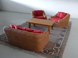 Bettsofa und 2 Sessel aus Rattan