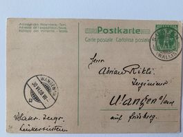 Postkarte von Susten (Wallis) nach Wangen an der Aare 1908.