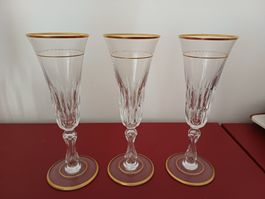 3 Kristallgläser, Champagner, Goldrand, H 18.5 cm