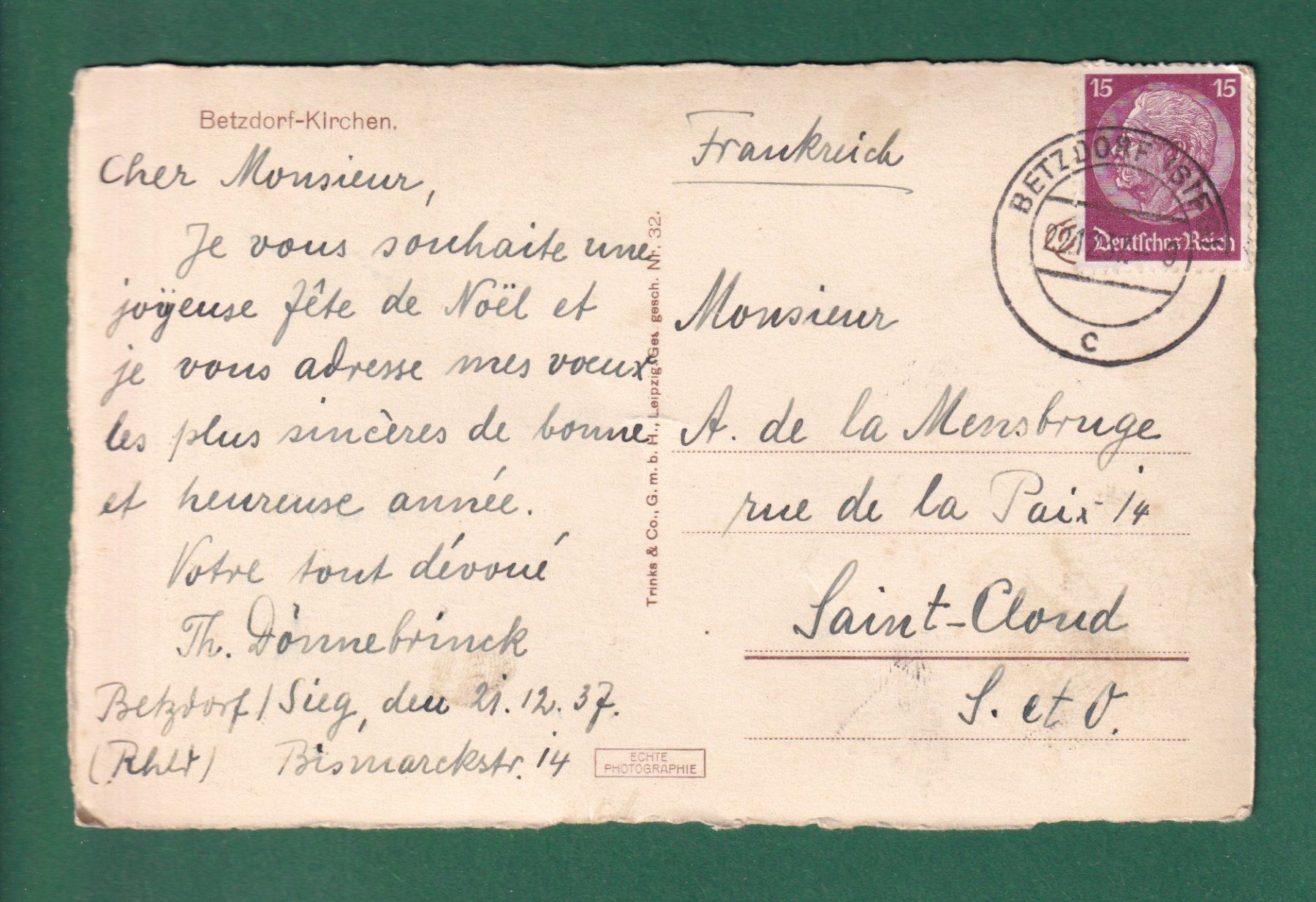 Cartoline postali: BETZDORF-KIRCHEN - 1937 – Usato da Pully venduto da nicecards-shop 1