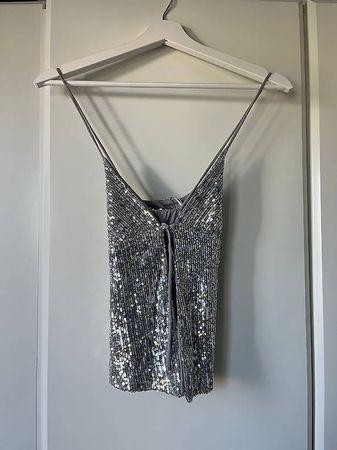 Silbernes Pailletten Top Damen Glitzer Party