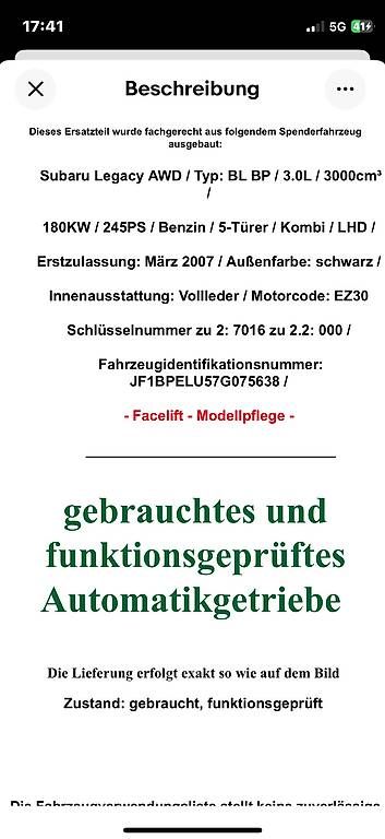 Alle Autoersatzteile: Subaru 5 Gang Automatikgetriebe  – Gebraucht aus Leibstadt von ger_y2y8 2