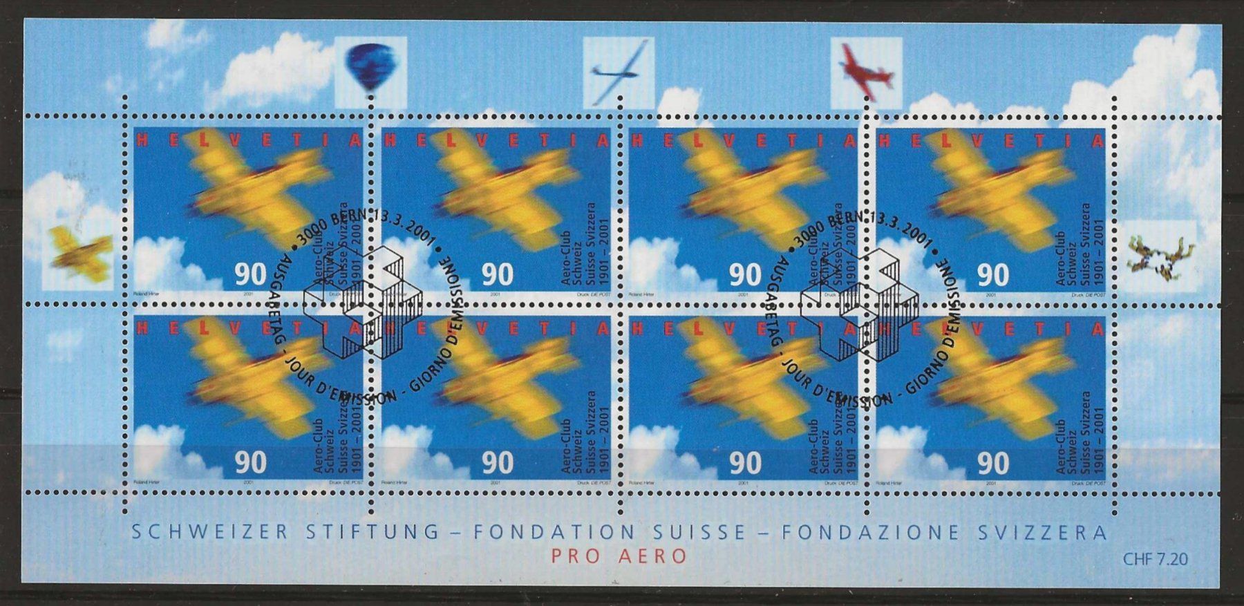 Tutti i francobolli: Kleinbogen Pro Aero Schweizer-Stiftung 2001 Ersttag – Usato da Zürich venduto da Philacat11
