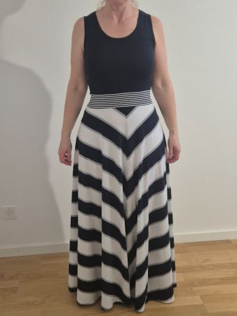 mediterranes maritimes bodenlanges Kleid blau-weiss-grau M
