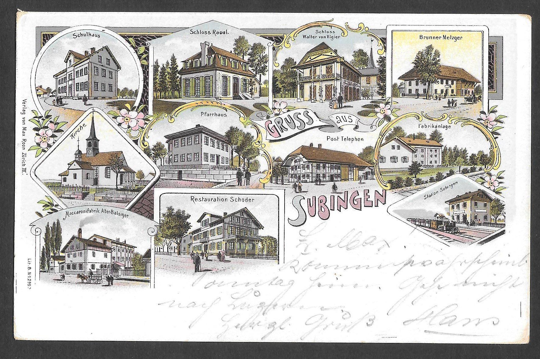 Cartoline postali: Subingen farbige Lithografie 11 Bilder Bahnhof Post etc. – Usato da Olten venduto da clotaldi