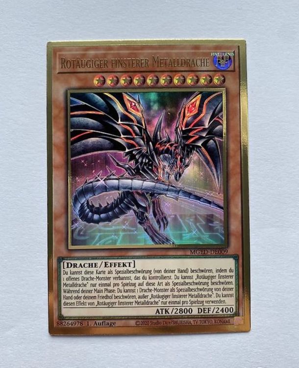 Yugioh Karte - Rotäugiger Leuchtfeuer-Metalldrache Gold Rare DE + Ultrapro Toploader