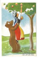 Bärenkarte - Bär - Trachtenfrau beim Aepfel pflücken - Litho