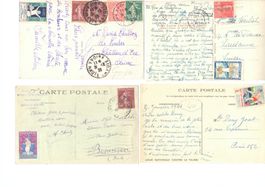 France 4 cartes postales avec vignettes 1928 1929 1930 1938