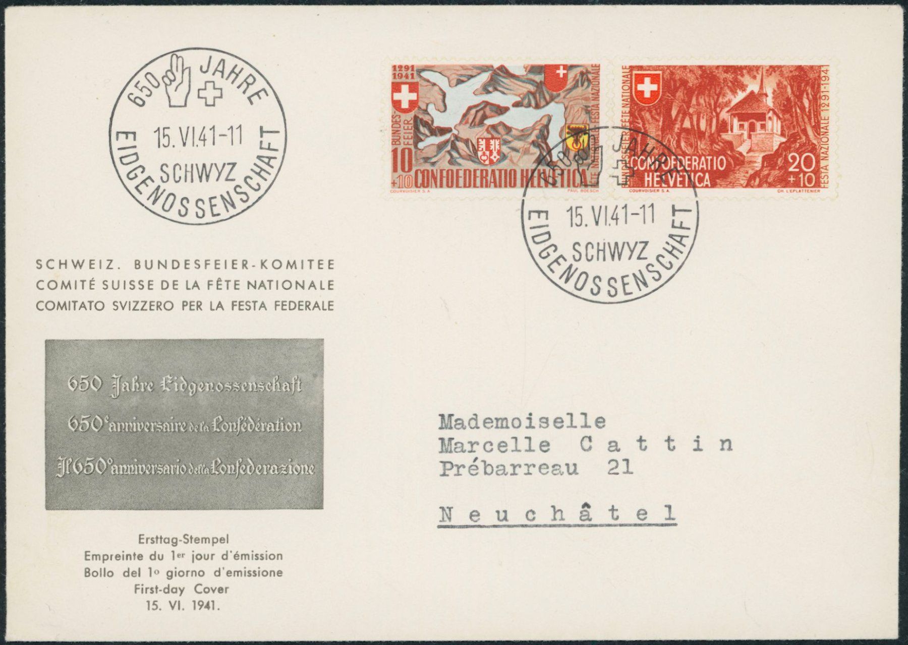 Tutti i francobolli: 1941 - Pro Patria - Ersttagsbrief FDC ET - Gaudard – Usato da Schindellegi venduto da leecollect
