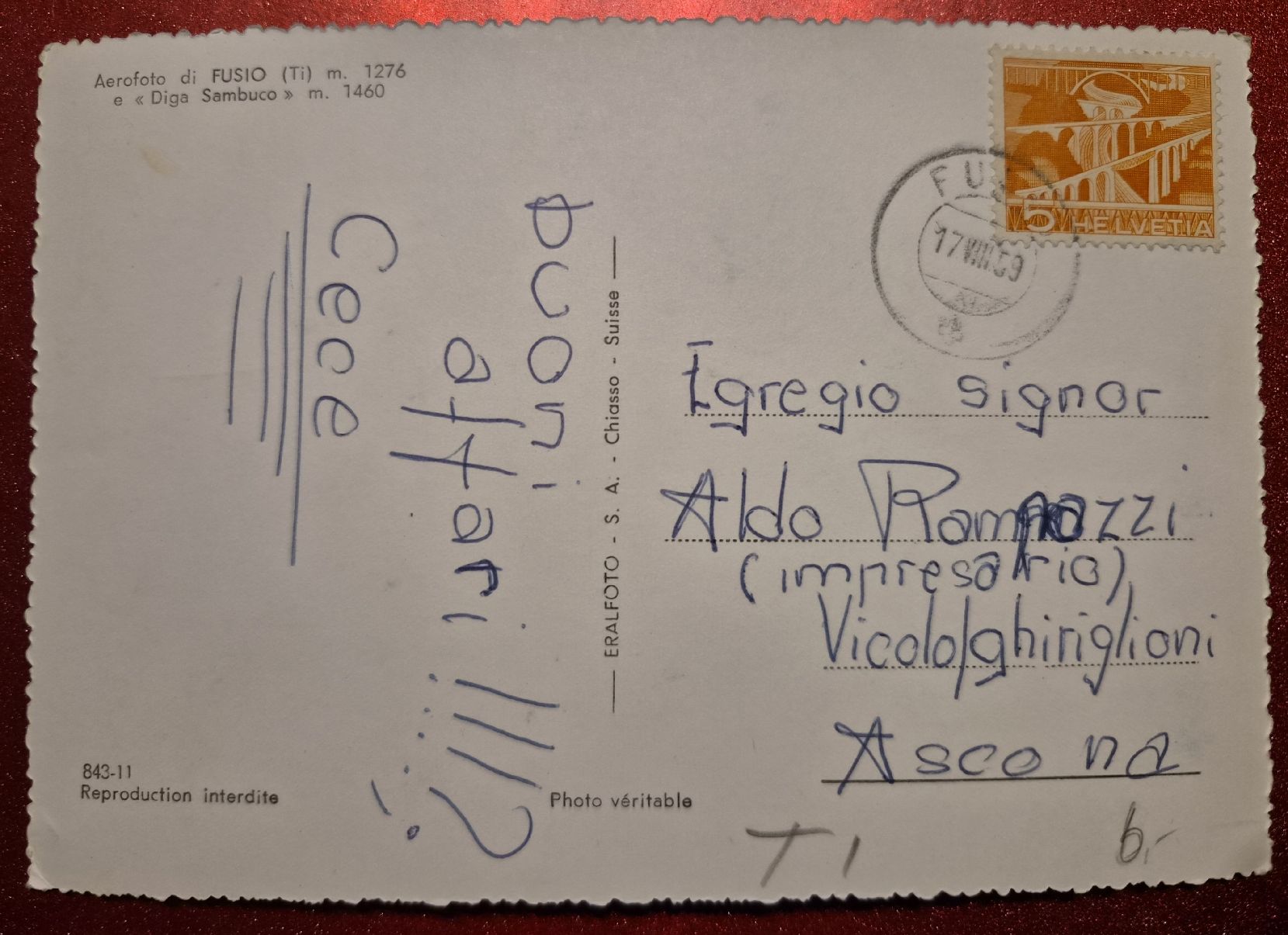 Cartoline postali: Fusio TI mit Sambuco Staumauer, 1959 – Usato da Melchnau venduto da Arthurius 1