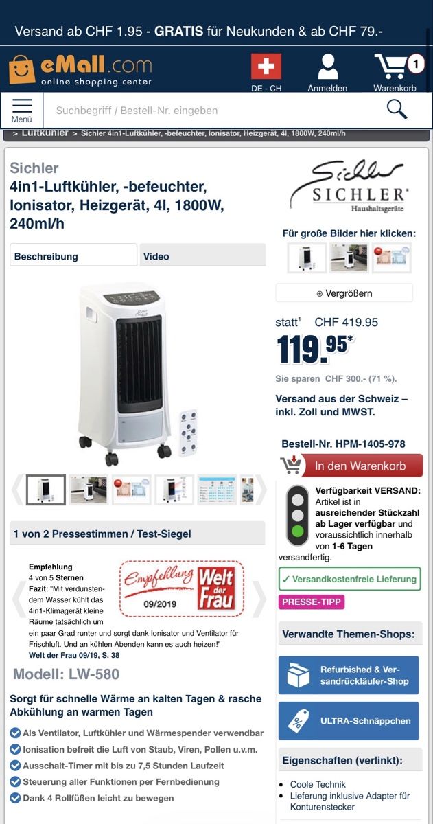 Condizionatori: Klima 4in1-Luftkühler, -befeuchter, Ionisator, Heizgerät, – Usato da Zürich venduto da Jes_4