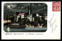 Litho Basel, Basel, Rheinansicht mit M