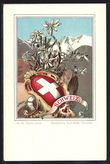 Cartoline postali: Litho Schweiz, Wappen und Edelweiss vor  – Usato da Berlin venduto da bartko-reher