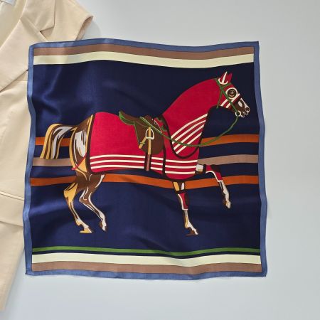 New 53cm 100% Silk Scarf, Horse Print Maroon Red Navy Blue