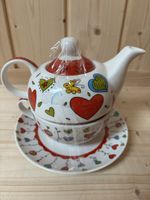 Teekanne mit Untertasse Keramik bunt neuwertig