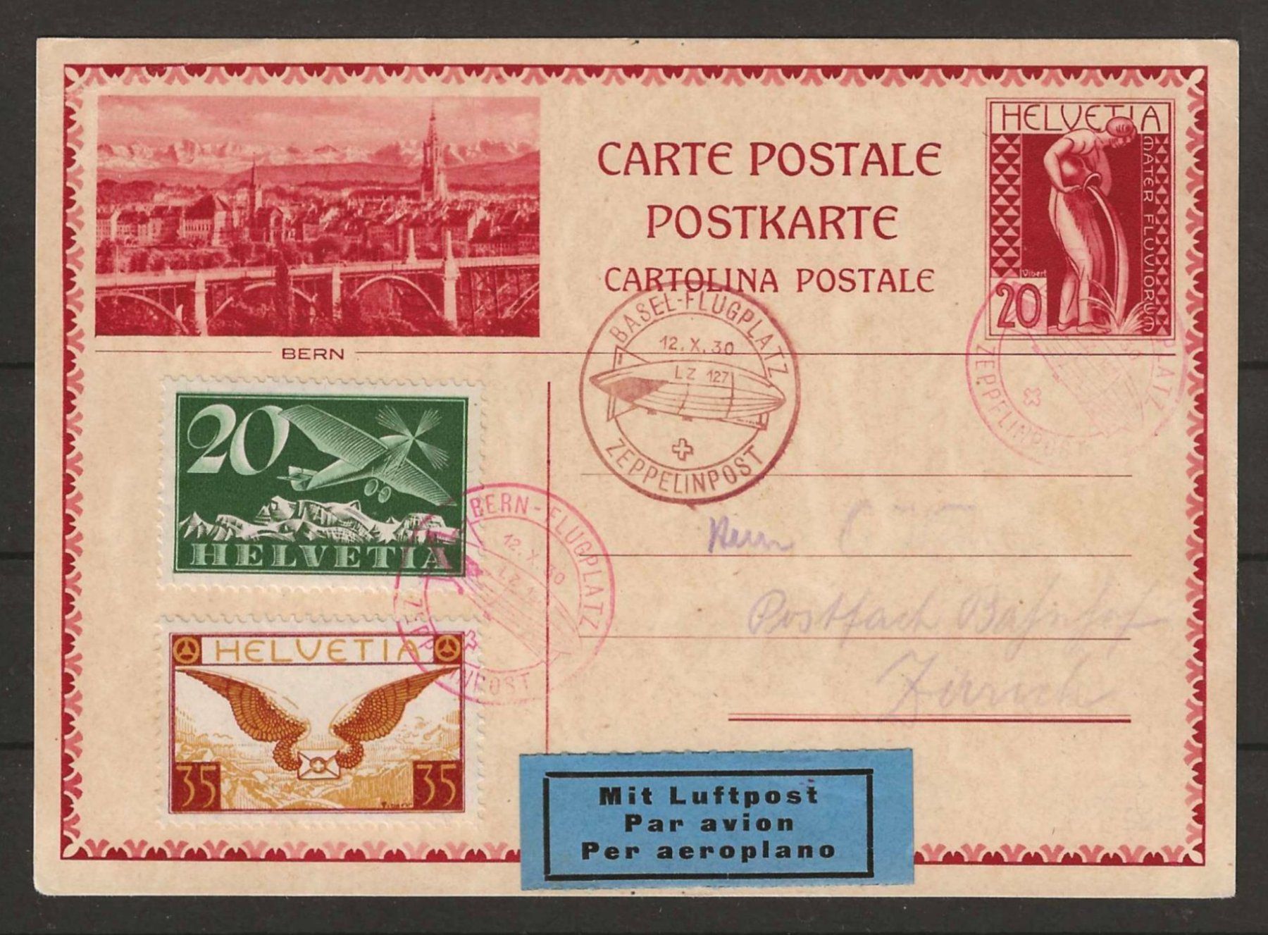 Tutti i francobolli: 1930 : PK mit Zeppelinpost Bern - Basel – Usato da Gümligen venduto da Geniusbuy