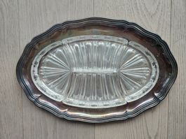 Servierplatte mit 4 GlaseEinsätzen, Vintage, echte Rarität