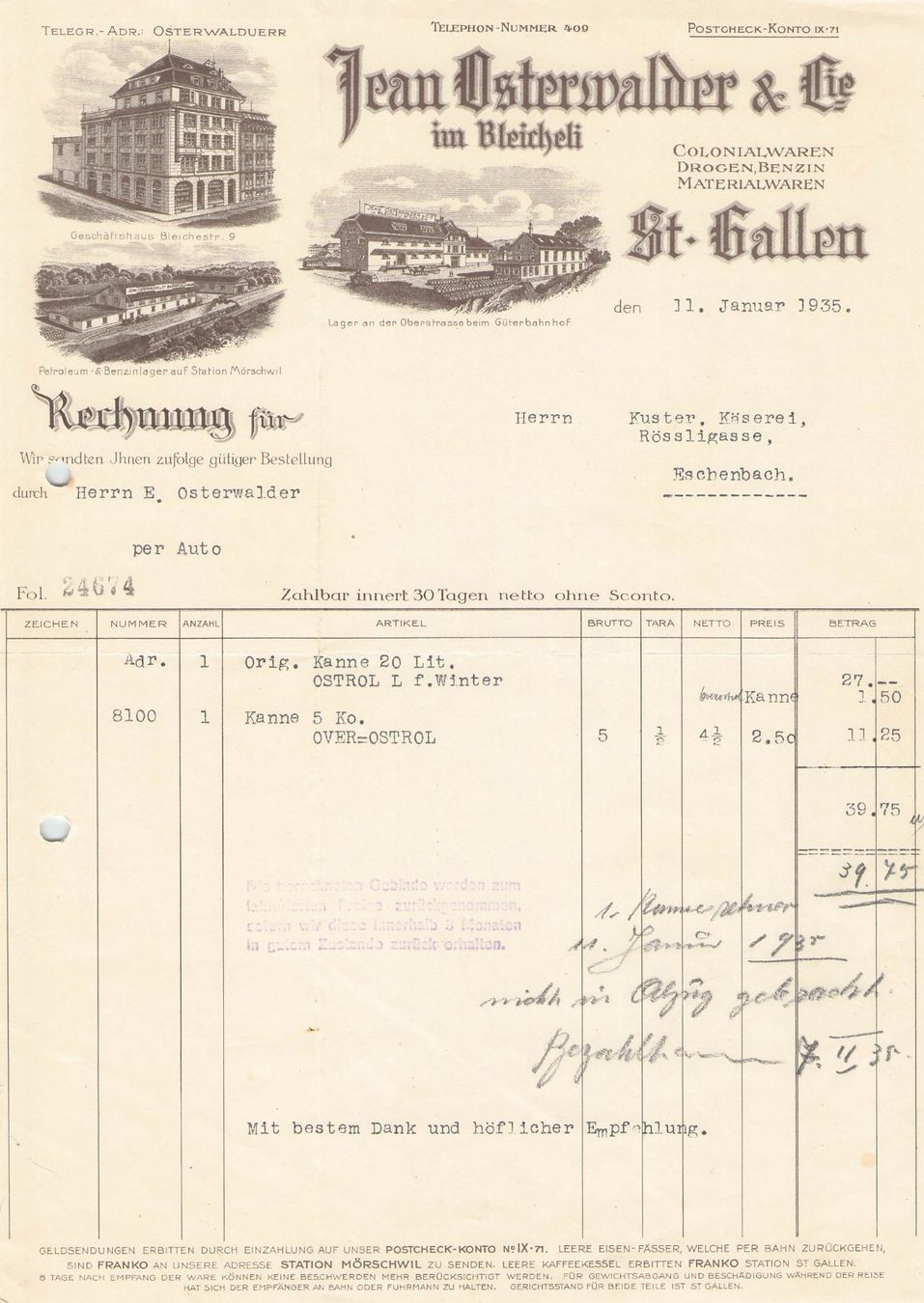 Cartoline postali: St.Gallen , Ilustrierte Geschäftsbrief J.Osterwalder Col. – Usato da Reichenburg venduto da Pipo-67