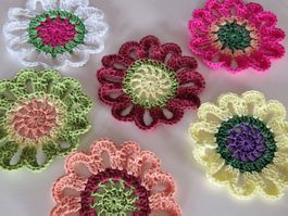 6 Gehäkelte bunte Blumen Untersetzer, Coaster, Handmade