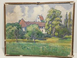 Kunst Aquarell v Riesen - altes kleines Aquarell  signiert