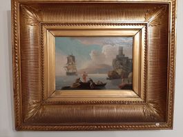 Antik Oel-Gemälde, Fischer mit Segelschiff, breitem Goldrahm
