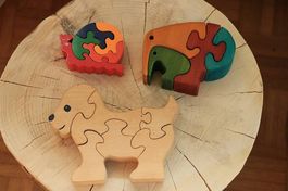 3x Holzpuzzle Kinder – Hund, Elefant, Schnecke