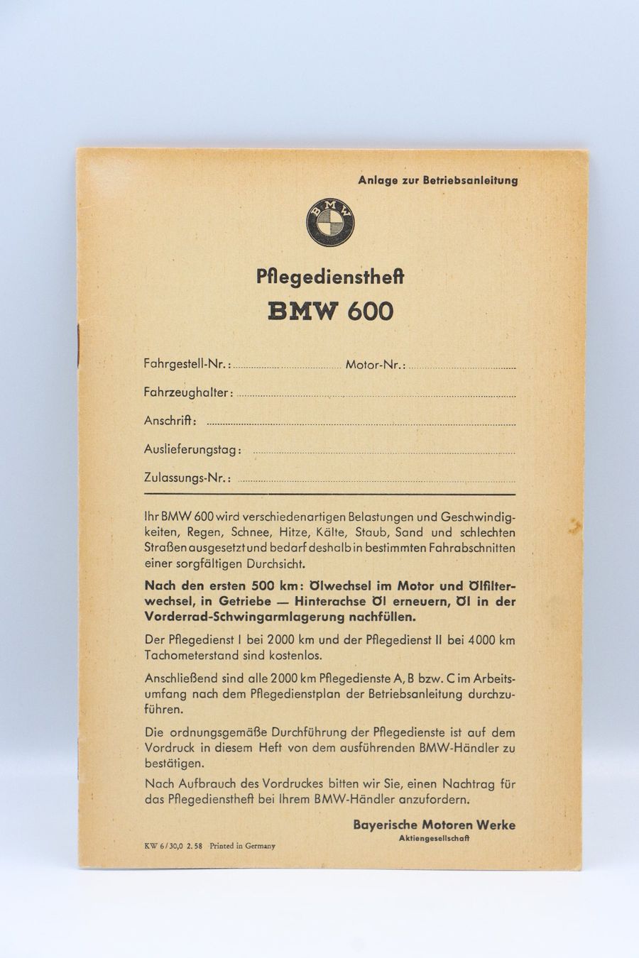 BMW Documenti: BMW 600 Original Pflegedienst Heft 1958 – Usato da Bühl b.Aarberg venduto da Collectorpassions