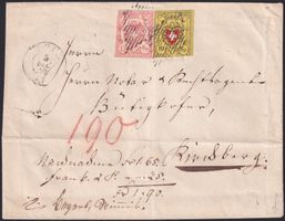 1852, Rayonbrief mit Nr.20+16II von THUN n. KIRCHBERG, 800.-