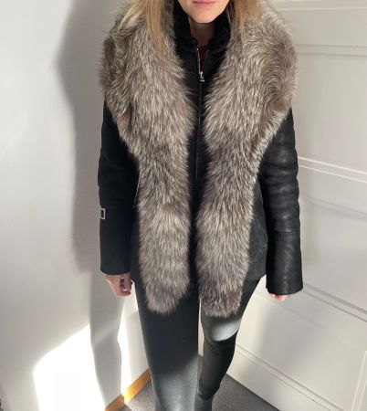 Schwarze Winterjacke echt Leder Pelz Gr. 36/S