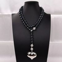 96cm 9mm Herz Schwarz Perlen Kette Collier Echt Perle Vrai