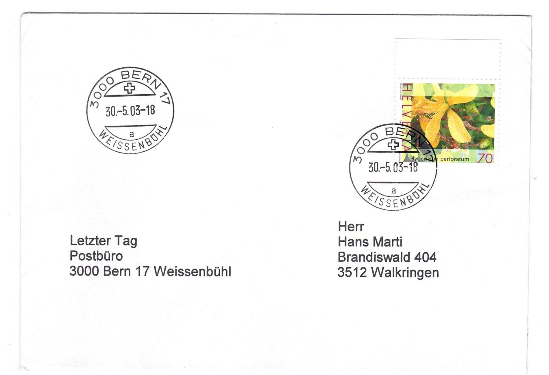 Tutti i francobolli: Letztagsbrief:  Poststelle 3000 BERN WEISSENBÜHL – Usato da Büetigen venduto da philat