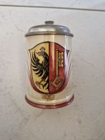Antiker Bierkrug mit Zinndeckel, Wappenmotiv, Rarität!